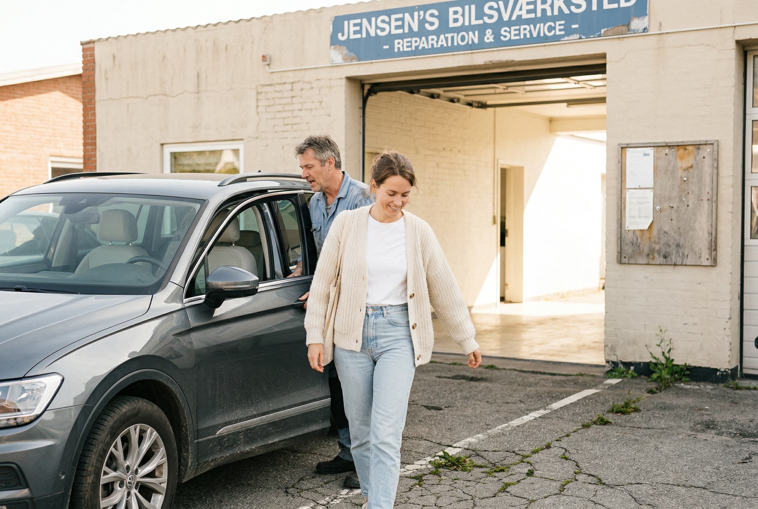 Kvinde henter sin bil hos værkstedet