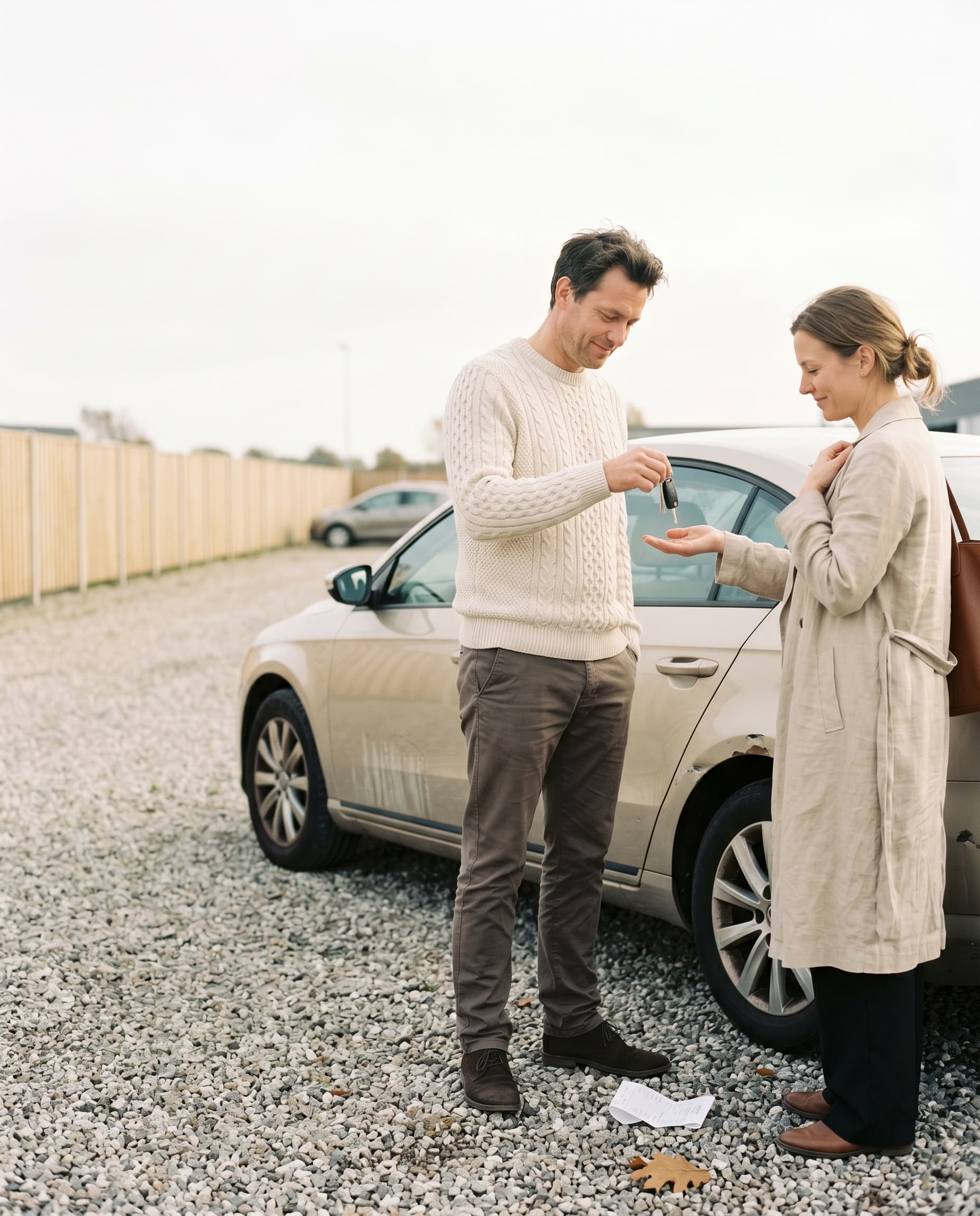 Forhandler overrækker nøgler til kunde ved sand-beige Passat på grusplads