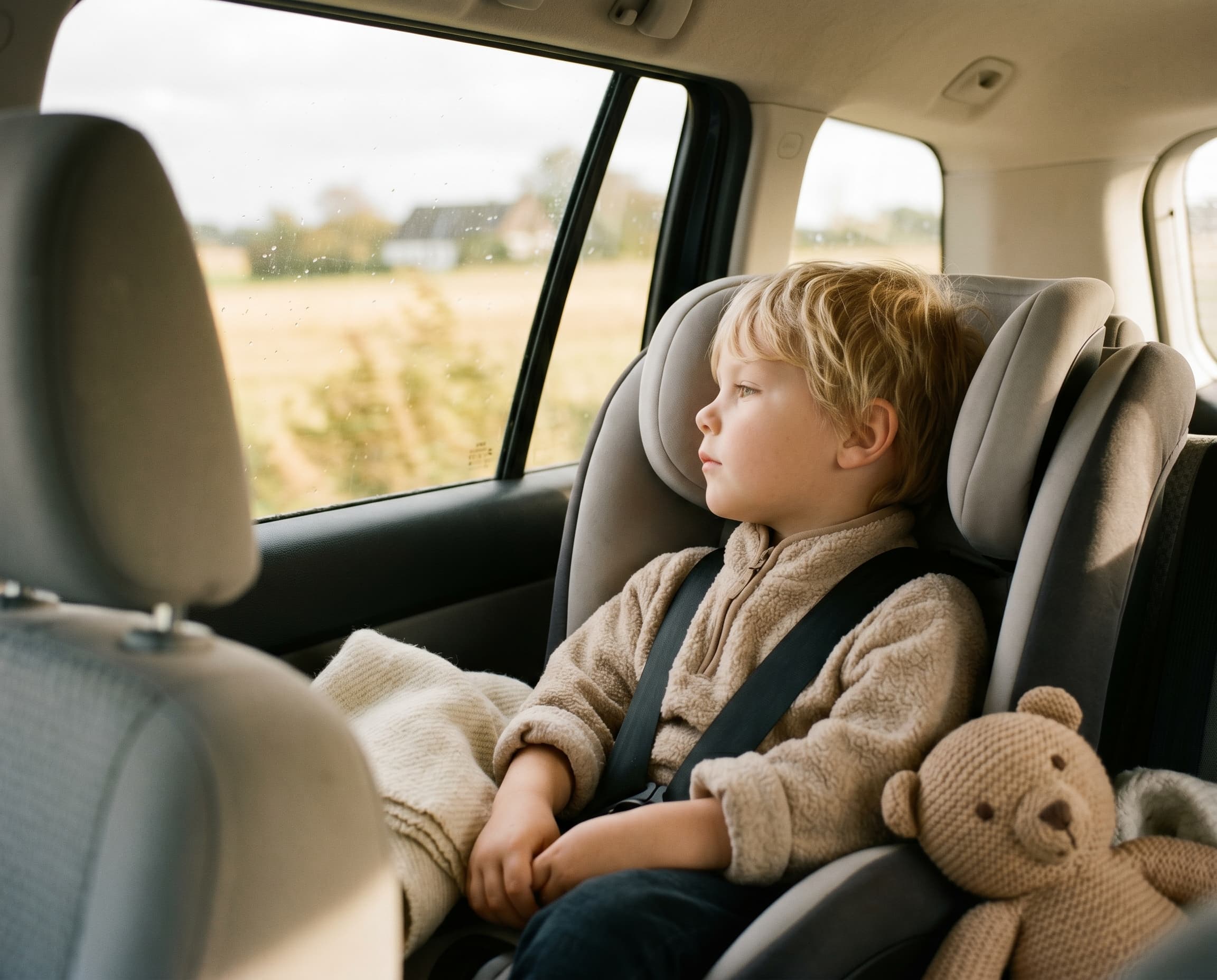 Lille dreng i barnesæde kigger roligt ud af bilvinduet på landskab der glider forbi