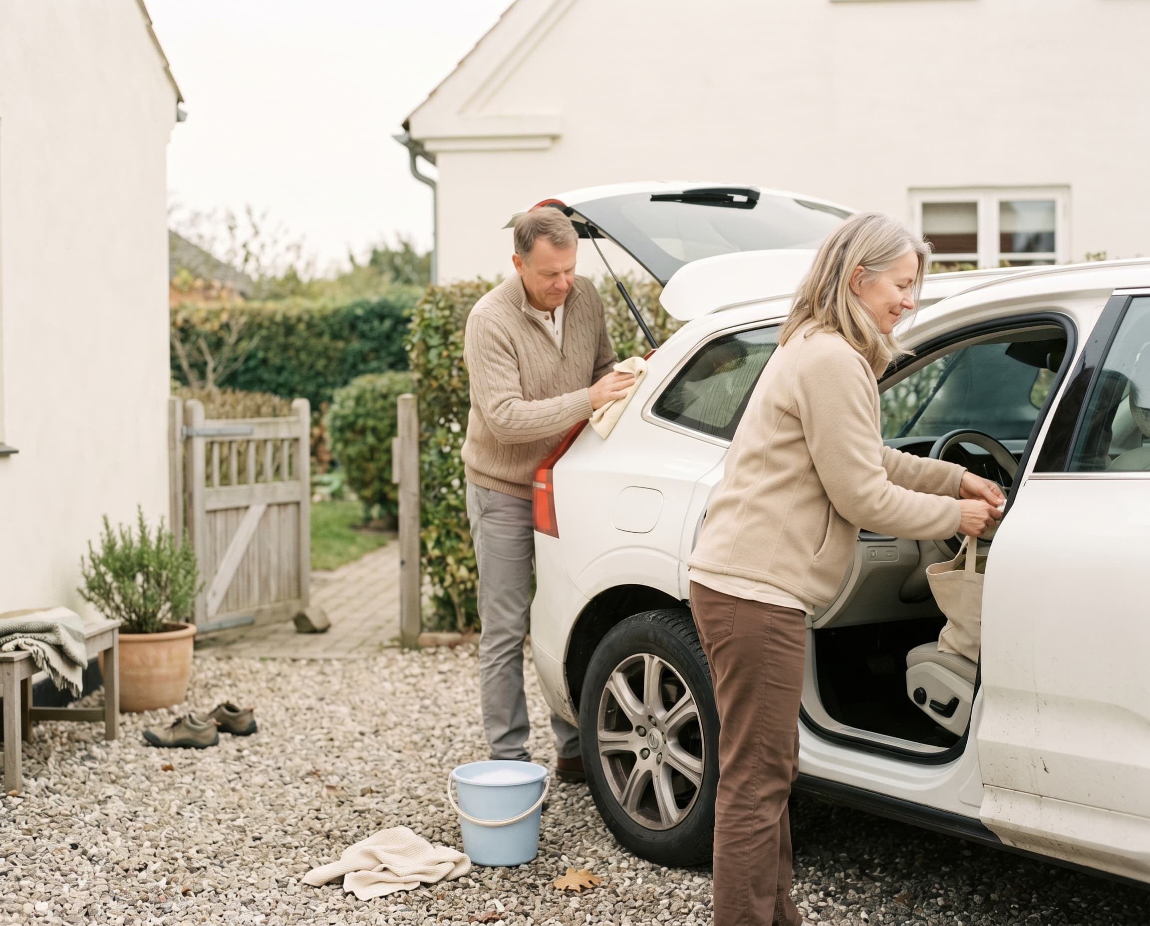 Ældre par tager sig af deres bil en rolig lørdag formiddag