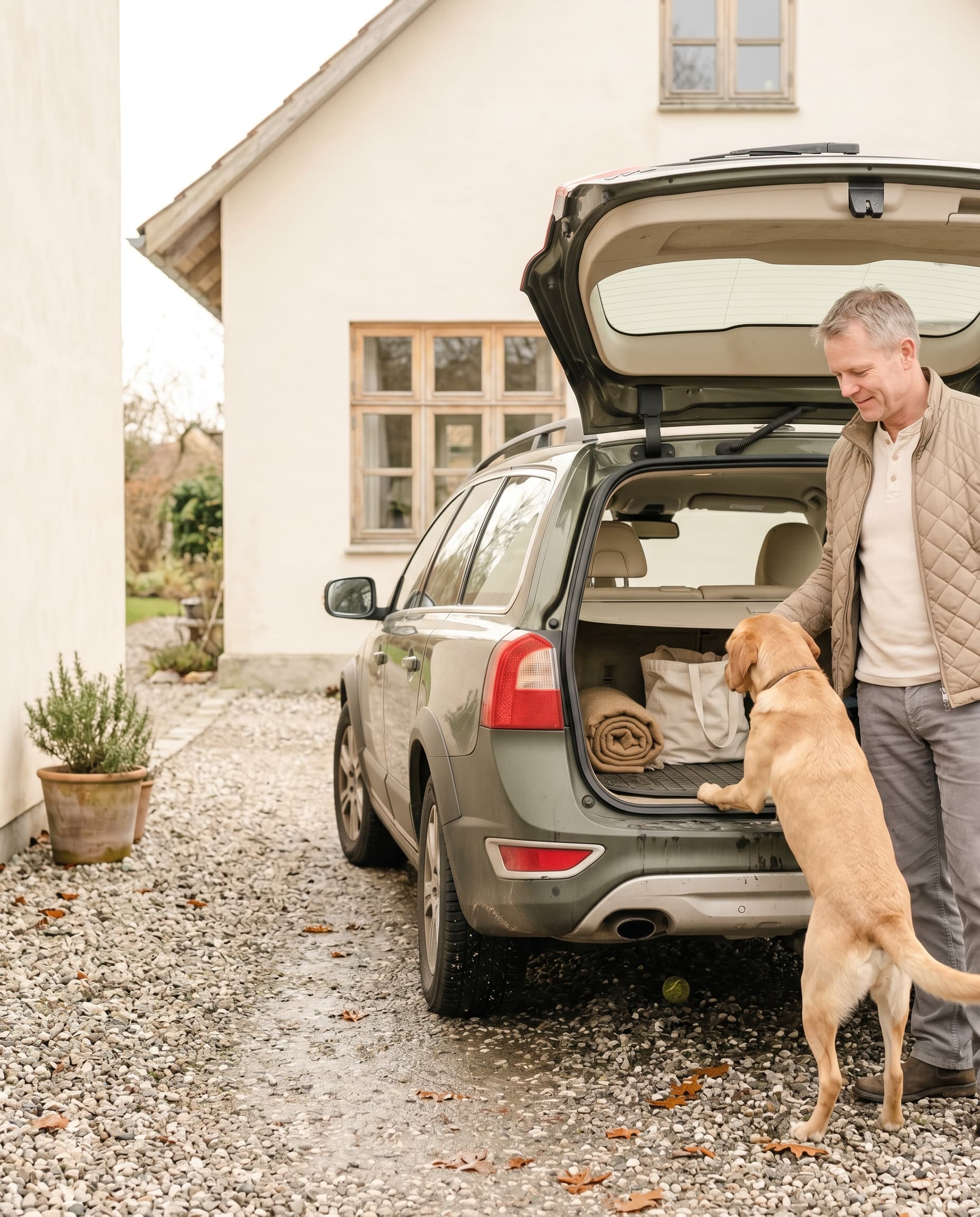 Mand i 50'erne og hans labrador ved åben bagklap på olivengrøn Volvo V70