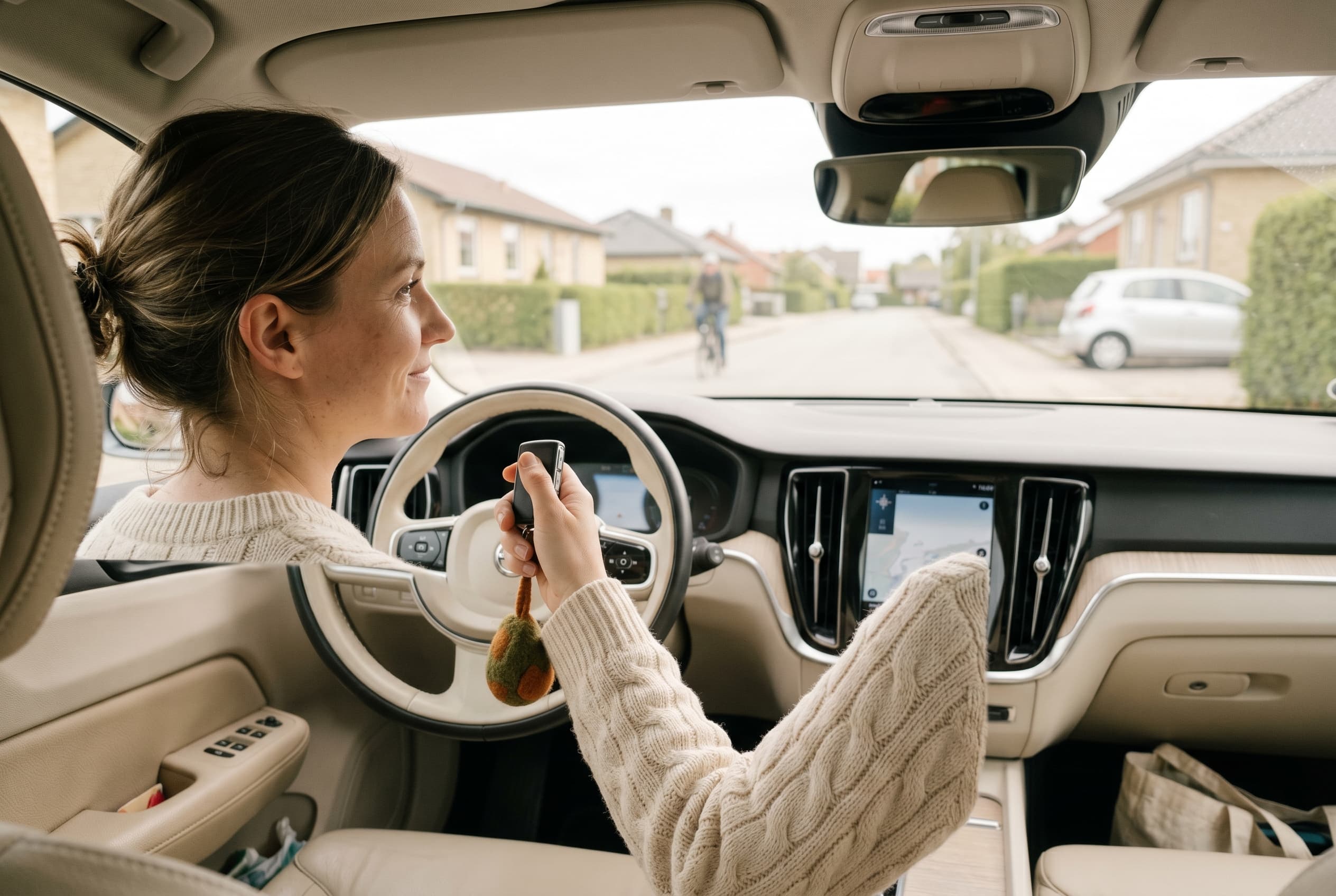 Kvinde i førersædet af cream-hvid Volvo med nøglerne i hånden