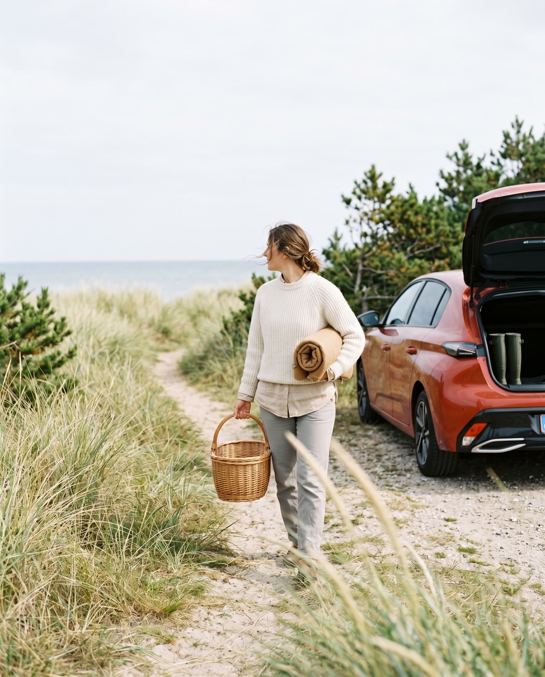 Kvinde på kystlig sti med picnic-kurv, rød hatchback parkeret i baggrunden